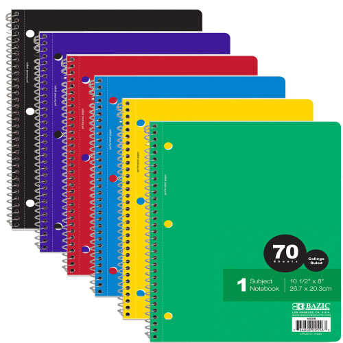 BAZIC Spiral Notebook 1 Subject College Ruled 70 Sheets Notebooks, Assorted Color, School Office, 6 Count