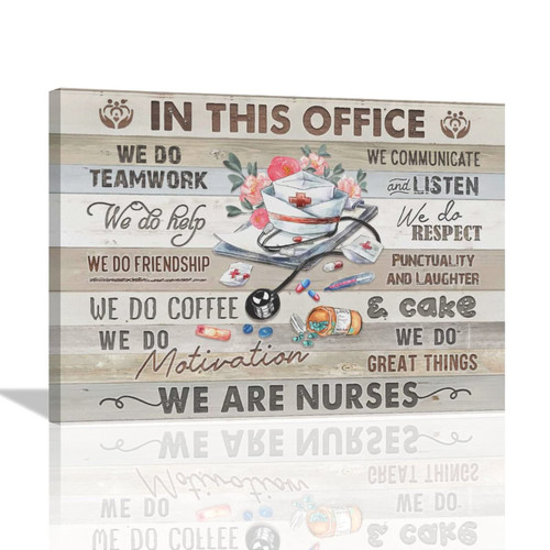 In This Office Canvas Wall Art Nurse Cap Stethoscope Painting For Wall Medical Staff Team Prints Vintage Nurses Gift Nursing Artwork Inspirational Quotes Poster Framed Wall Decor For Office Decoration
