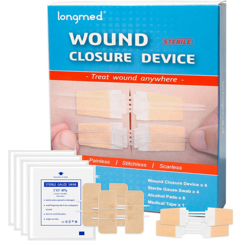 Longmed Emergency Laceration Closures Kits - 4 Pcs Repair Wounds Without Stitches Skin Wound Closure Device for First Aid Kit Supplies Zip Sutures for Quick Wound Closures Adhesive Bandages Kit