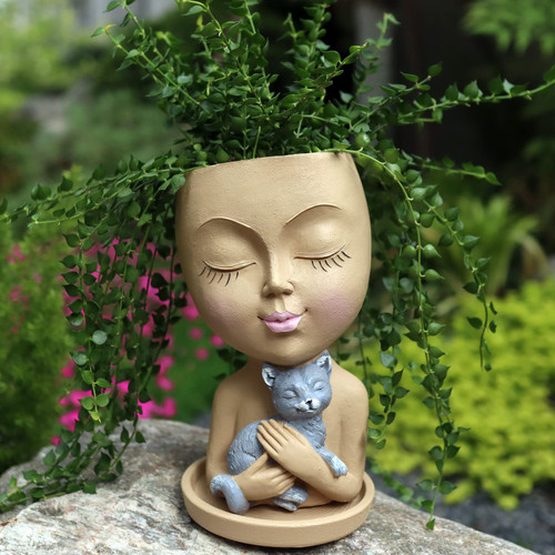 Face Flower Pot Head Planter for Plants, Dolkgy Unique Lady Face Planters with Cat for Indoor Outdoor Plants, Resin Face Vase Succulent Pots with Drainage Hole, DIY Gift for Families and Friends Khaki Face Flower Pot Head Planter for Plants, Dolkgy Unique Lady Face Planters with Cat for Indoor Outdoor Plants, Resin Face Vase Succulent Pots with Drainage Hole, DIY Gift for Families and Friends Khaki