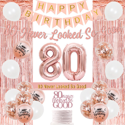 Wonmelody 80th Birthday Decor for Women Happy 80 th Birthday Banner 80 Never Looked So Good Anniversary Birthday Supplies Rose Gold Never Looked So Good Glitter Cake Topper Vintage Sash and Curtain