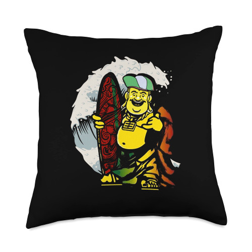 Funny Buddha Surfer Waves Surfing Surfboard Gift Funny Buddha Surfer | Waves Ocean | Surfing Surfboard Throw Pillow, 18x18, Multicolor