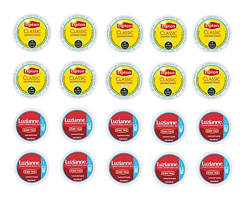 20 Count - Lipton and Luzianne Unsweetened Iced Tea K-Cup for Keurig K Cup Brewers and 2.0 Brewers - (2 flavors, 10 k cups each)