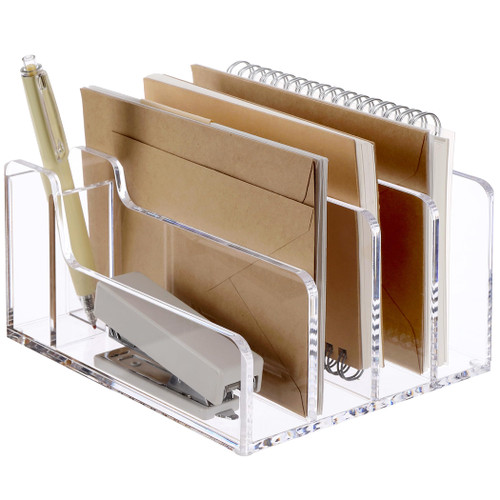 SANRUI Acrylic Desk Organizer, 5 Compartments File Holder for Desk,Mail Organizer, Letter Sorter with Pen Holder,Envelope and File Storage Rack,Clear