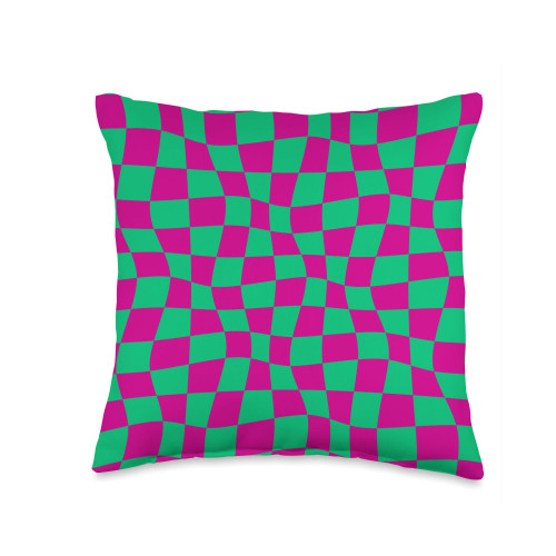Cool Checkered Designs by LOU Pink and Green Wavy Checker Checkerboard Colorful Throw Pillow, 16x16, Multicolor