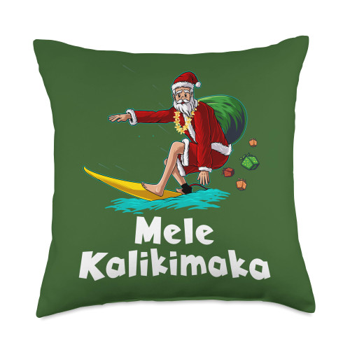 Santa Claus Surf Rider Surfboard Riding The Wave Santa Claus Surfer Hawaii Surfing Surfboarder Art ON Back Throw Pillow, 18x18, Multicolor