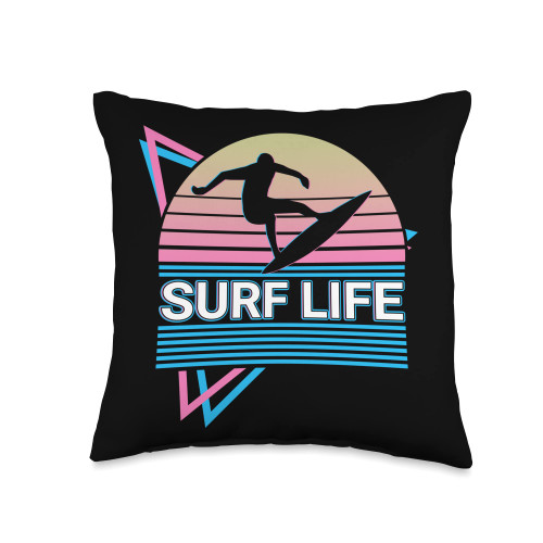 Surfing Surfboard Gifts Surfboard Surfer Retro Surf Life Throw Pillow, 16x16, Multicolor