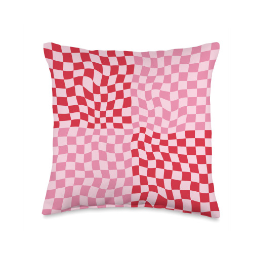 Cool Checkered Designs by LOU Wavy Checkerboard Checker Red and Pink Throw Pillow, 16x16, Multicolor