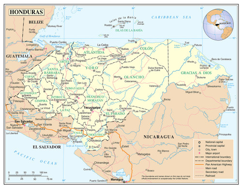 Palmetto Posters 24x31 Laminated Poster: Large detailed political and administrative map of honduras with roads railroads cities and airports
