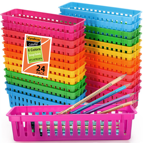 Vyndicca Pencil Basket Tray,24 Pack Plastic Classroom Pencil Organizer Basket,Small Pencil Holder Trays,Colorful Crayon Basket for Classroom Home Office Storage,Organization,9.3" L x 2.2" W x 2.4" H