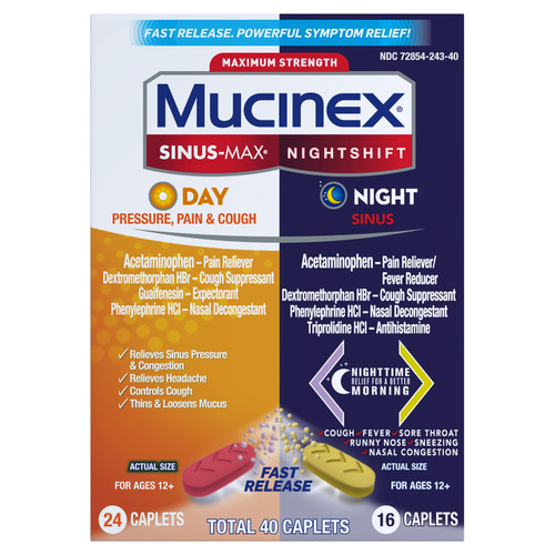 Mucinex Maximum Strength Sinus-Max Pressure, Pain & Cough & Nightshift Sinus Caplets, Fast Release, Powerful Multi-Symptom Relief, 40 Count