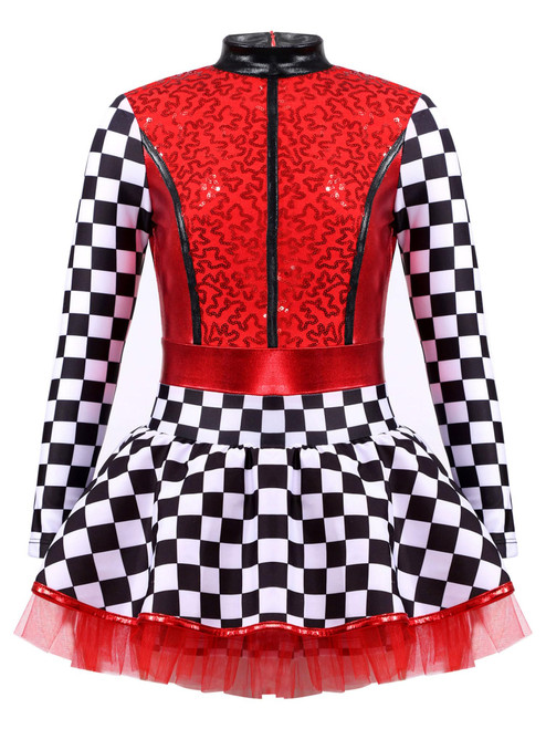 inhzoy Girls Sequins Racer Costume Racing Outfits Checkerboard Shiny Tutu Dress Halloween Race Car Driver Fancy Dress Red 12 Years