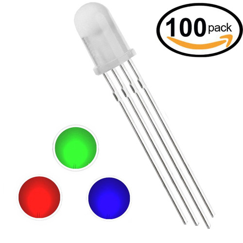 Waycreat 100 pcs 5mm Diffused RGB LED Emitting Diode Super Bright Electronics Components Light Emitting Diodes Tricolor(Multicolor Red Green Blue 4 pin Common Cathode DC 20mA/Color)