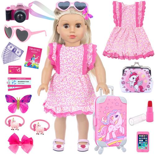 ECORELF 25Pcs 18 Inch Girl Doll Clothes and Accessories Travel Set Including Clothes,Unicorn Print Suitcase Handbag Camera Sunglasses Passport (No Doll)