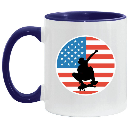 American Flag Skateboard Gifts for Skateboard Fans Skateboarders Tricks Lover Mug USA Skate Boarding 11oz 15oz Inner Color Accent Mug