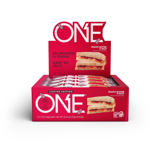 ONE Protein Bars, Peanut Butter & Jelly, Gluten Free Protein Bars with 20g Protein and only 1g Sugar, Guilt-Free Snacking for High Protein Diets, 2.12 oz (12 Count)