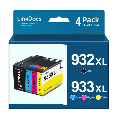 LinkDocs Compatible with 932XL 933XL 932 933 Ink Cartridge Replacement for HP 932XL 933XL 932 933 Used with HP Officejet 7110 6600 6700 6100 7612 7610 Printer (4 Pack, Black,Cyan,Magenta,Yellow)
