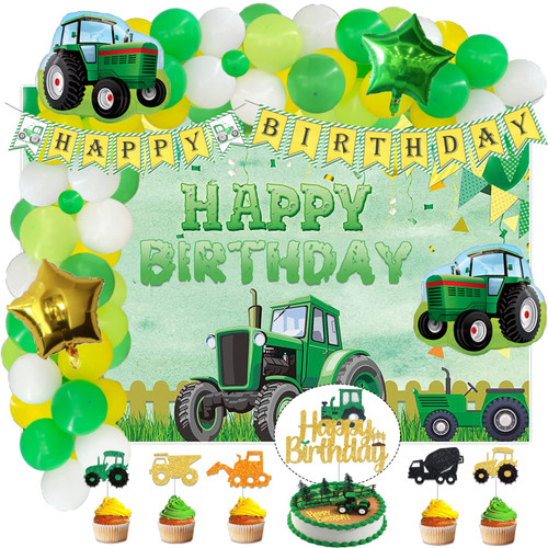 112 PCs Tractor Birthday Party Decorations, Hombae Farm Green Tractor Theme Birthday Decorations Backdrop Balloon Garland Arch Banner Cake Cupcake Topper Tractor Green Yellow