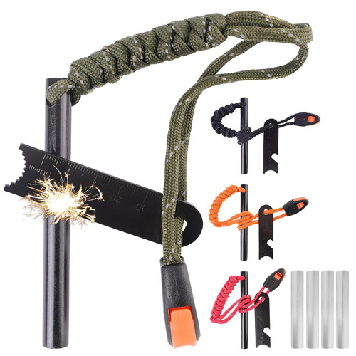 4 Pack Ferrocerium Fire Starter Kit and 4 Pack Magnesium Rod, All-Weather Magnesium Ferro Rod with Waterproof Flint and Steel Fire Emergency Survival Lighter for Camping, Hiking, and Backpacking Gear