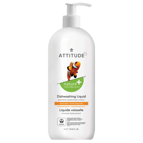 ATTITUDE Dishwashing Liquid, EWG Verified, Advanced Degreasing Power, Plant- and Mineral-Based Ingredients, Vegan and Cruelty-free, Citrus Zest, 33.8 Fl Oz