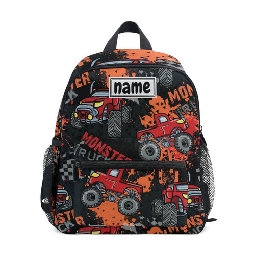 Glaphy Custom Kid's Name Backpack, Monster Truck Car Pattern Red Toddler Backpack for Daycare Travel, Personalized Name Preschool Bookbag for Boys Girls