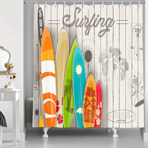 NYMB Beach Shower Curtain, Summer Surfing Tropical Surfboard Palm Tree on Teal Blue Rustic Wooden Plank Fabric Shower Curtain for Bathroom, Bathroom Curtain with Hooks