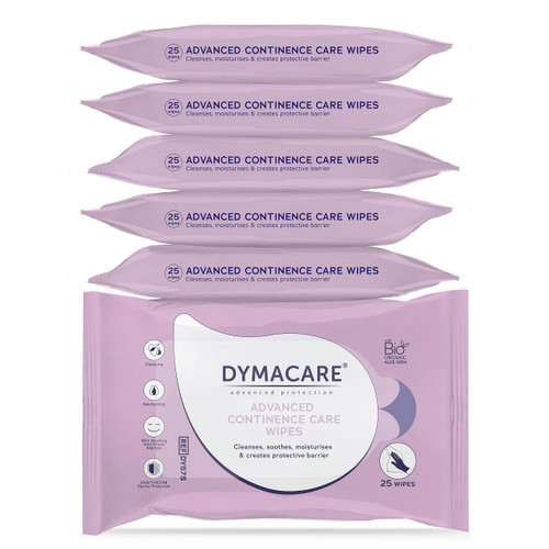 DYMACARE Advanced Continence Care Wipes | Adult Premium Disposable Incontinence Skin Cleansing Wet Wipes with Barrier Cream & Aloe Vera | 6 Packs (150 wipes total)