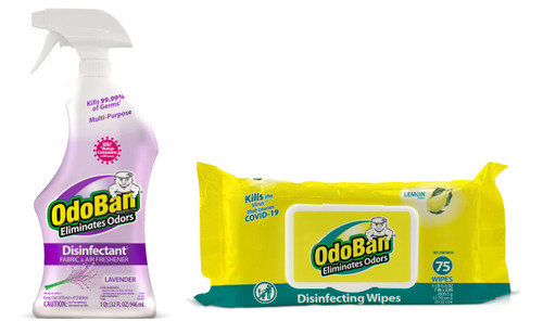OdoBan Disinfectant and Odor Eliminating Set, 32 Ounce Ready-to-Use Cleaner and Fabric/Air Freshener Spray, Lavender Scent, Package of 75 Multi-Purpose Wipes, Lemon Scent
