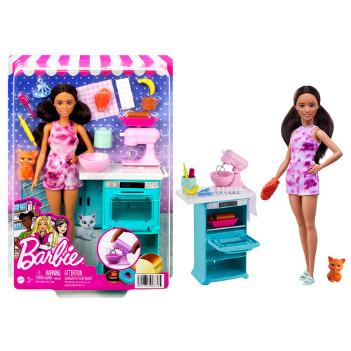 Barbie Doll & Kitchen Playset with Barbie doll (~10.5 in Brunette, Petite), Oven, Spinning Mixer, Pet Kitten & Baking Accessories, For 3 to 7 Year Olds Barbie Doll & Kitchen Playset with Barbie doll (~10.5 in Brunette, Petite), Oven, Spinning Mixer, Pet Kitten & Baking Accessories, For 3 to 7 Year Olds