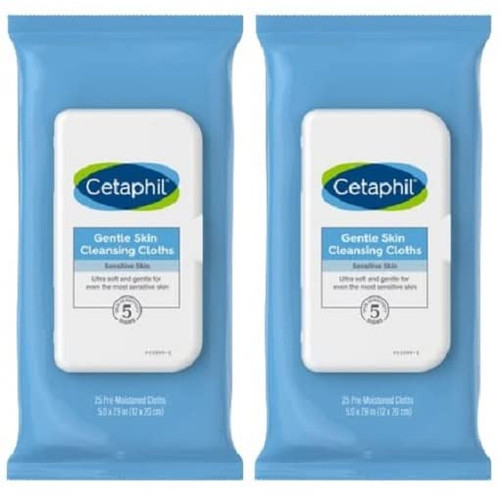 Cetaphil Face and Body Wipes, Gentle Skin Cleansing Cloths, 25 Count (Pack of 2), for Dry, Sensitive Skin, Flip Top Closure, Great for the Gym, Travel, in the Car, Hypoallergenic, Fragrance Free