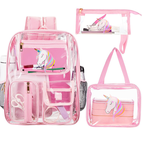 Silkfly 3 Pcs Clear Backpack Transparent School Backpacks PVC Clear Bookbag with Lunch Bag Pencil Case for Stadium Kids Girls Boys Christmas Gifts (Pink,Unicorn)