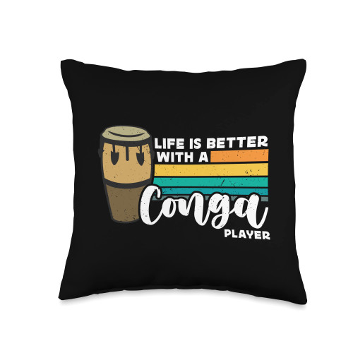Conga Designs for Conga Player Life is Better with A Retro Drummer Musical Instrument Conga Throw Pillow, 16x16, Multicolor