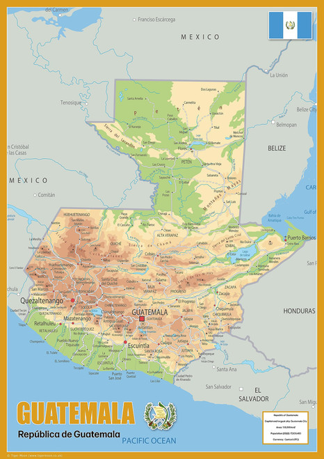 Guatemala Physical Poster Map - 23.3 x 16.5 Inches - Paper Laminated