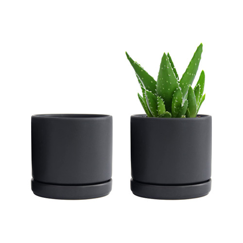 D'vine Dev Set of 2 Plants Pot, 4.6 Inch Ceramic Planter Pot for Plants with Drainage Hole and Saucer, Black, 94-V-XS-2