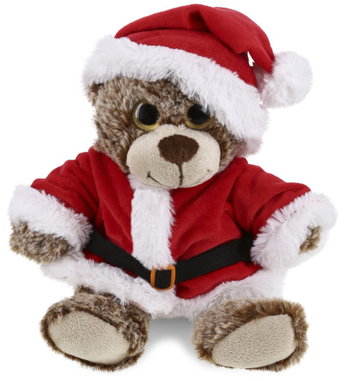 DolliBu Santa Sitting Brown Bear Stuffed Animal Plush Toy - Super Soft Teddy Bear Dress Up with Red Santa Claus Outfit, Cute Wildlife Gift, Holiday 9 Inches