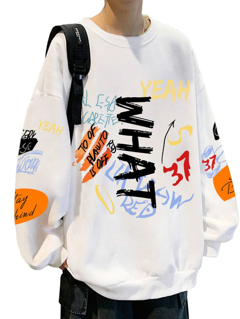 GORGLITTER Men's Letter Graphic Drop Shoulder Sweatshirts Long Sleeve Crew Neck Pullover Tops White Medium