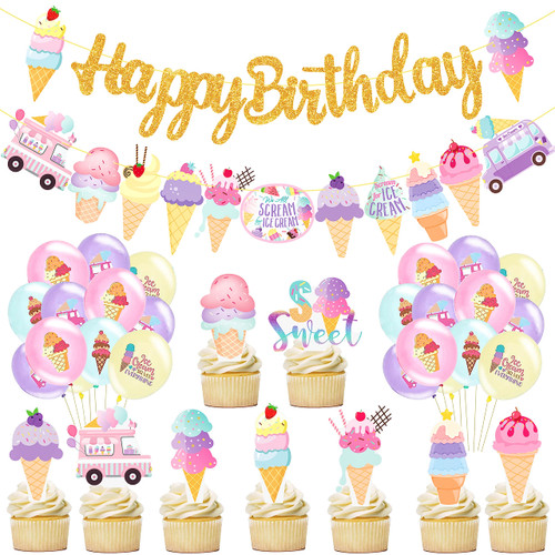 Ice Cream Birthday Party Banners Ice Cream Party Decorations Set Sweet Ice Cream Party Cupcake Toppers Latex Balloons Ice Cream Hanging Decors for Sweet Summer Baby Shower Supplies
