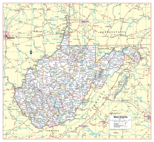 Cool Owl Maps West Virginia State Wall Map Large Print Poster - Laminated
