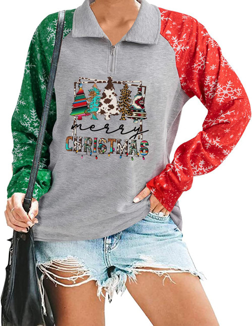 Merry Christmas Sweatshirt Women Christmas Tree Graphic Half Zipper Lapel Shirt Leopard Printed Holiday Pullover