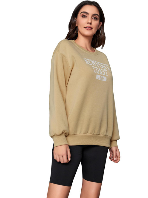 SweatyRocks Women's Casual Sweatshirt Long Sleeve Graphic Print Pullover Tops Letter Khaki S