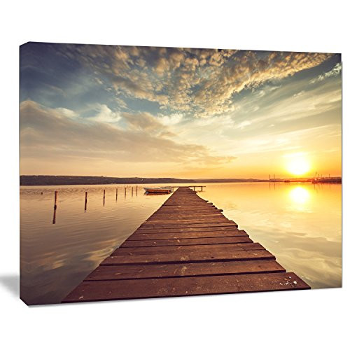 Designart PT14685-20-12 Sea Pier Under Beautiful CloudscapeModern Bridge Canvas Wall Art, 12" H x 20" W x 1" D 1P