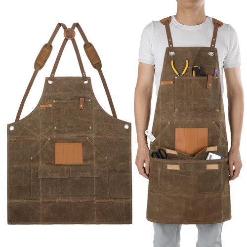 yeesport Woodworking Apron for Men, Work Apron with Multiple Tool Pockets, Durable Waxed Canvas Apron, Heavy Duty Workshop Apron, Gifts for Woodworkers, Carpenters, Mechanics