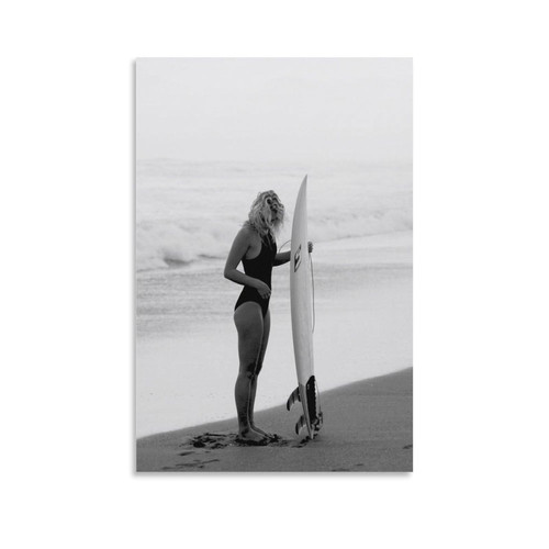 Surfboard Woman in Hawaii Print, Black And White, Vintage Beach Wall Art, Surf Poster Poster Decorative Painting Canvas Wall Art Living Room Posters Bedroom Painting 20x30inch(50x75cm)
