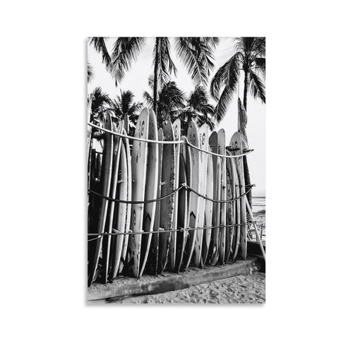 Surfboards in Hawaii Poster, Black And White, Vintage Print, Surfboard Wall Art, Beach Photography Poster Decorative Painting Canvas Wall Art Living Room Posters Bedroom Painting 20x30inch(50x75cm)