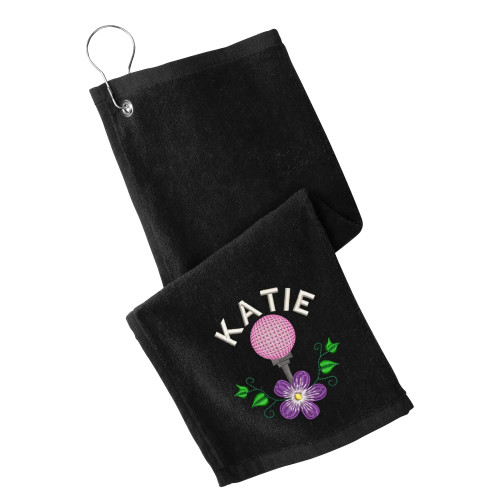 Personalized Floral Golf Ball on Tee with Name Towel, Mom Gift, Golf Gift, Embroidered Golf Towel, Golfer Gifts, Gifts for Women, Grommetted
