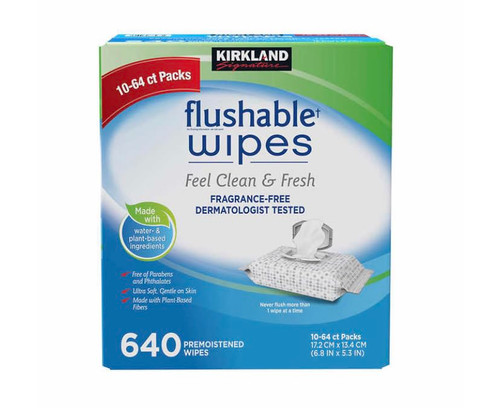 Kirkland Signature 640 Flushable Wipes 10pk - 64ct Fragrance Free Soft, Gentle on Skin