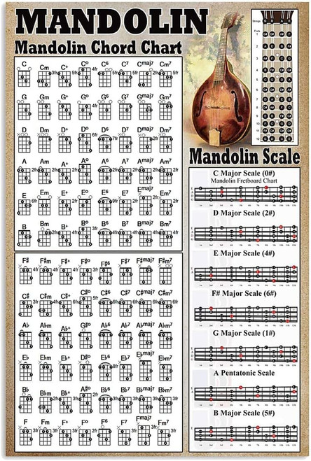 Mandolin Chord Chart Metal Tin Signs Vintage Music Room Decor Music Player Scale Knowledge Retro Poster Home Club Office Garage Bar Wall Decoration Plaque 12x16 Inches