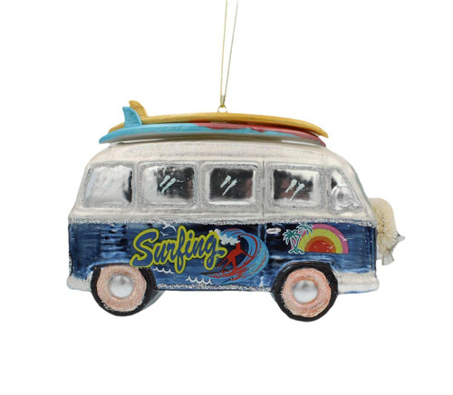 Kurt Adler 5.5-Inches Glass Beach Bus with Surfboard Ornament