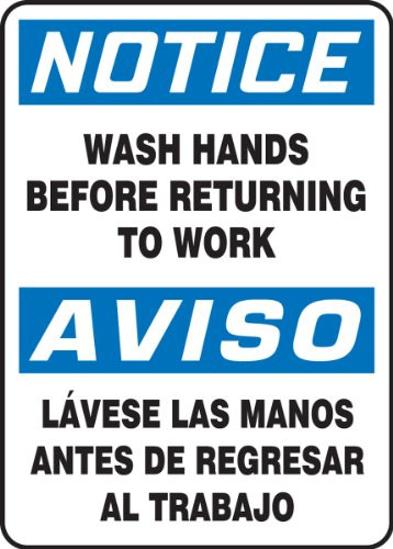 Accuform SBMRST813VP Plastic Spanish Bilingual Sign, Legend "NOTICE WASH HANDS BEFORE RETURNING TO WORK/AVISO LAVESE LAS MANOS ANTES DE REGRESAR AL TRABAJO", 14" Length x 10" Width x 0.055" Thickness, Blue/Black on White