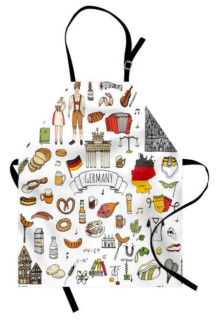 Ambesonne German Apron, Hand Drawn Doodle of German Culture Football Jersey Food Science and Music, Unisex Kitchen Bib with Adjustable Neck for Cooking Gardening, Adult Size, White Charcoal